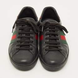 مملوكة مسبقًا Gucci Ace Size 43 Black Leather and Python Embossed Web Lace Up Sneakers