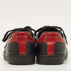 مملوكة مسبقًا Gucci Ace Size 43 Black Leather and Python Embossed Web Lace Up Sneakers