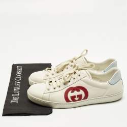 مملوكة مسبقًا Gucci Interlocking G Size 43 Cream/Blue Leather and Suede Lace Up Sneakers