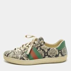 مملوكة مسبقًا Gucci Ace Size 43 Cream Python Embossed Leather Lace Up Sneakers