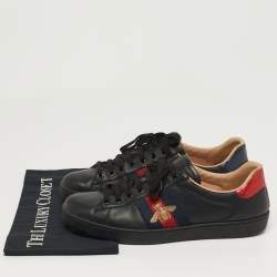 Pre Owned Gucci Ace Size 43 Black Python Embossed and Leather Web Low Top Sneakers
