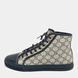 مملوكة مسبقًا Gucci GG Size 43 Navy Blue/Beige Canvas and Leather High Top Sneakers
