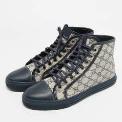 مملوكة مسبقًا Gucci GG Size 43 Navy Blue/Beige Canvas and Leather High Top Sneakers