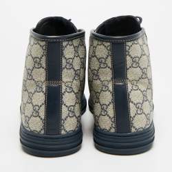 مملوكة مسبقًا Gucci GG Size 43 Navy Blue/Beige Canvas and Leather High Top Sneakers