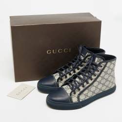 مملوكة مسبقًا Gucci GG Size 43 Navy Blue/Beige Canvas and Leather High Top Sneakers