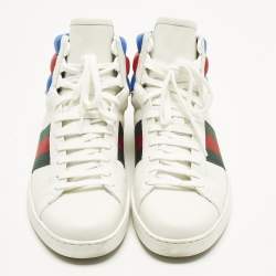 مملوكة مسبقًا حذاء رياضي غوتشي عالي من أعلى شريط ويب جلد متعدد الألوان مقاس 43.5