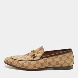 Pre Owned Gucci GG Jordaan Size 43 Beige Canvas and Leather Loafers