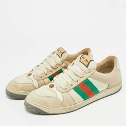 Pre Owned Gucci Screener Size 45 Beige Canvas and Nubuck Leather Web Low Top Sneakers