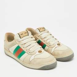 Pre Owned Gucci Screener Size 45 Beige Canvas and Nubuck Leather Web Low Top Sneakers