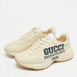 Pre Owned Gucci Rhyton 25 Size 44 Cream Leather Lace Up Sneakers