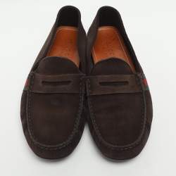 Pre Owned Gucci Web Size 42 Brown Suede Penny Loafers