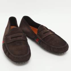 Pre Owned Gucci Web Size 42 Brown Suede Penny Loafers