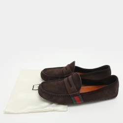 Pre Owned Gucci Web Size 42 Brown Suede Penny Loafers