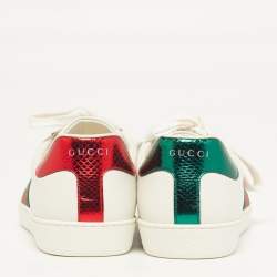 مملوكة مسبقًا حذاء رياضي غوتشي جلد أبيض ونقشة جلد الأفعى أربطة مقاس 36