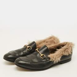 Pre Owned حذاء غوتشي برينستاون فرو جلدي أسود مزين هورسبيت سليب أون مقاس 44