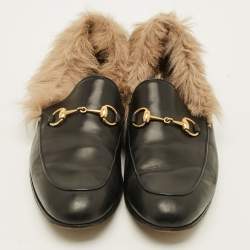 Pre Owned حذاء غوتشي برينستاون فرو جلدي أسود مزين هورسبيت سليب أون مقاس 44