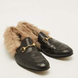 Pre Owned حذاء غوتشي برينستاون فرو جلدي أسود مزين هورسبيت سليب أون مقاس 44
