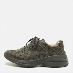 Pre Owned حذاء رياضي غوچي ريتون أربطة قماش كانفاس وجلد رمادي مقاس 44.5