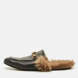 Pre Owned Gucci Princetown Size 43.5 Black Fur And Leather Mules