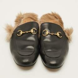 Pre Owned Gucci Princetown Size 43.5 Black Fur And Leather Mules