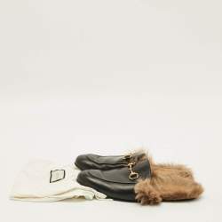 Pre Owned Gucci Princetown Size 43.5 Black Fur And Leather Mules