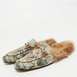 Pre Owned Gucci Princetown Size 43 Multicolor Canvas and Fur Mules
