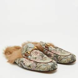 Pre Owned Gucci Princetown Size 43 Multicolor Canvas and Fur Mules