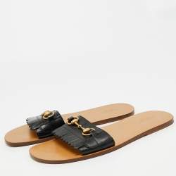 Pre Owned Gucci Horsebit Size 43 Navy Blue Leather Flat Slides 
