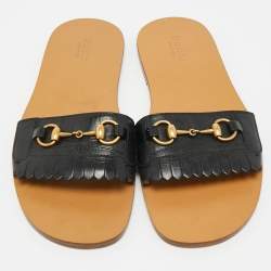 Pre Owned Gucci Horsebit Size 43 Navy Blue Leather Flat Slides 