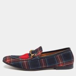 Pre Owned Gucci Horsebit Size 44 Multicolor Wool Plaid Motif Lips and Heart Loafers