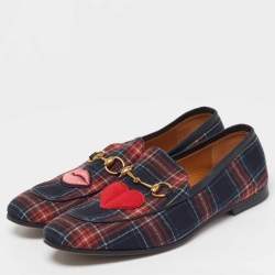 Pre Owned Gucci Horsebit Size 44 Multicolor Wool Plaid Motif Lips and Heart Loafers