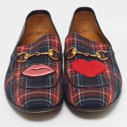 Pre Owned Gucci Horsebit Size 44 Multicolor Wool Plaid Motif Lips and Heart Loafers