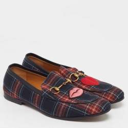 Pre Owned Gucci Horsebit Size 44 Multicolor Wool Plaid Motif Lips and Heart Loafers