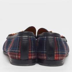 Pre Owned Gucci Horsebit Size 44 Multicolor Wool Plaid Motif Lips and Heart Loafers