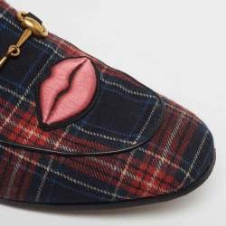 Pre Owned Gucci Horsebit Size 44 Multicolor Wool Plaid Motif Lips and Heart Loafers