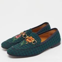 مملوكة مسبقًا Gucci Horsebit Size 44 Green/Navy Blue Knit Fabric Flora Embroidered Loafers