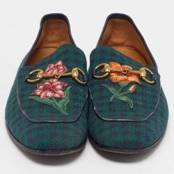 مملوكة مسبقًا Gucci Horsebit Size 44 Green/Navy Blue Knit Fabric Flora Embroidered Loafers