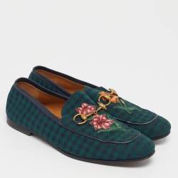 مملوكة مسبقًا Gucci Horsebit Size 44 Green/Navy Blue Knit Fabric Flora Embroidered Loafers