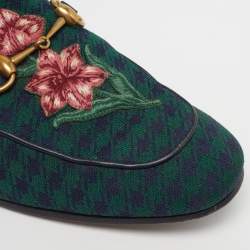 مملوكة مسبقًا Gucci Horsebit Size 44 Green/Navy Blue Knit Fabric Flora Embroidered Loafers
