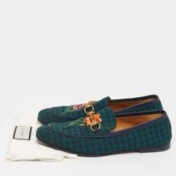 مملوكة مسبقًا Gucci Horsebit Size 44 Green/Navy Blue Knit Fabric Flora Embroidered Loafers