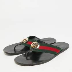 مملوكة مسبقًا Gucci Size 43 Black Leather GG Web Thong Flat Slides 