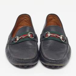 Pre Owned Gucci Horsebit Size 42 Black Leather Web Slip On Loafers