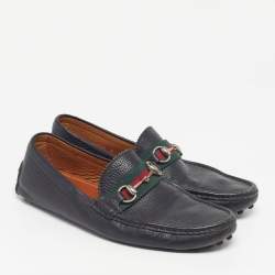 Pre Owned Gucci Horsebit Size 42 Black Leather Web Slip On Loafers