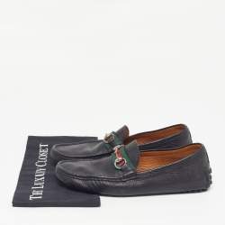 Pre Owned Gucci Horsebit Size 42 Black Leather Web Slip On Loafers