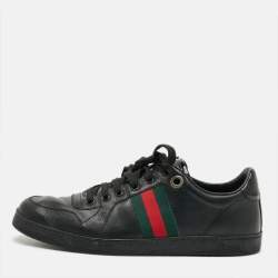 مملوكة مسبقًا Gucci Size 43.5 Black Leather Web Lace Up Sneakers