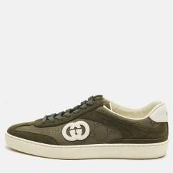 Pre Owned Gucci G75 Size 41.5 Dark Green GG Canvas and Suede Low Top Sneakers