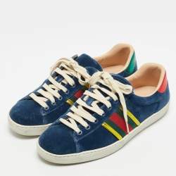 Pre Owned Gucci Ace Size 40.5 Blue Leather and Velvet Web Detail Lace Up Sneakers