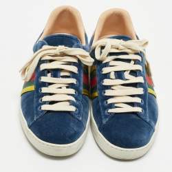 Pre Owned Gucci Ace Size 40.5 Blue Leather and Velvet Web Detail Lace Up Sneakers