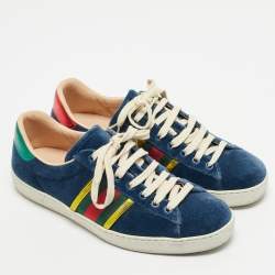 Pre Owned Gucci Ace Size 40.5 Blue Leather and Velvet Web Detail Lace Up Sneakers