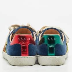 Pre Owned Gucci Ace Size 40.5 Blue Leather and Velvet Web Detail Lace Up Sneakers